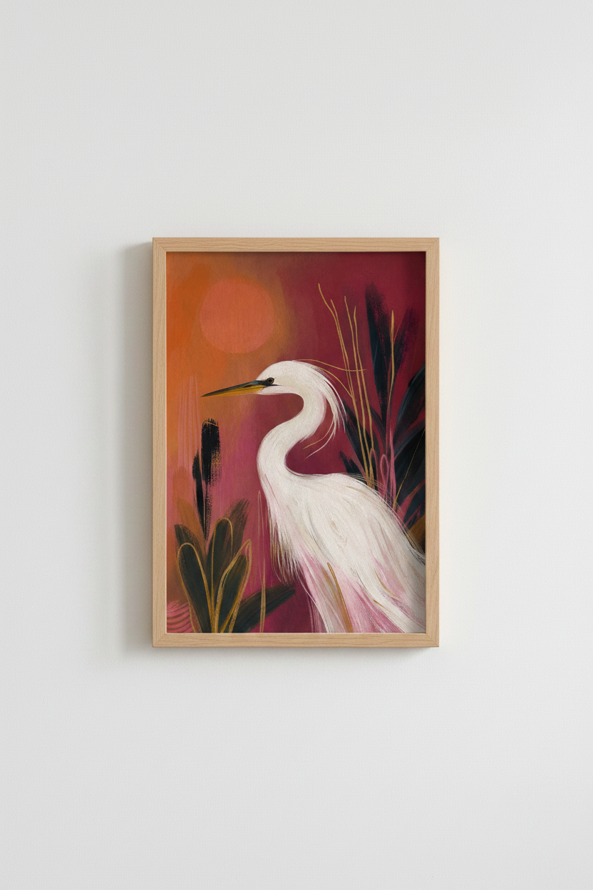 Egret wall art | Whimsical Sunset Palette, Living Room Decor