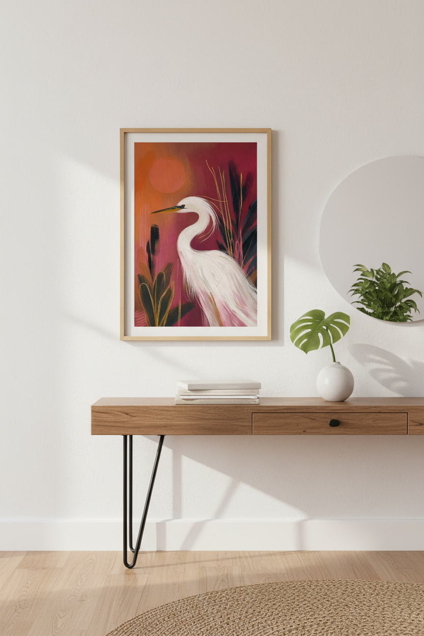 Egret wall art | Whimsical Sunset Palette, Living Room Decor