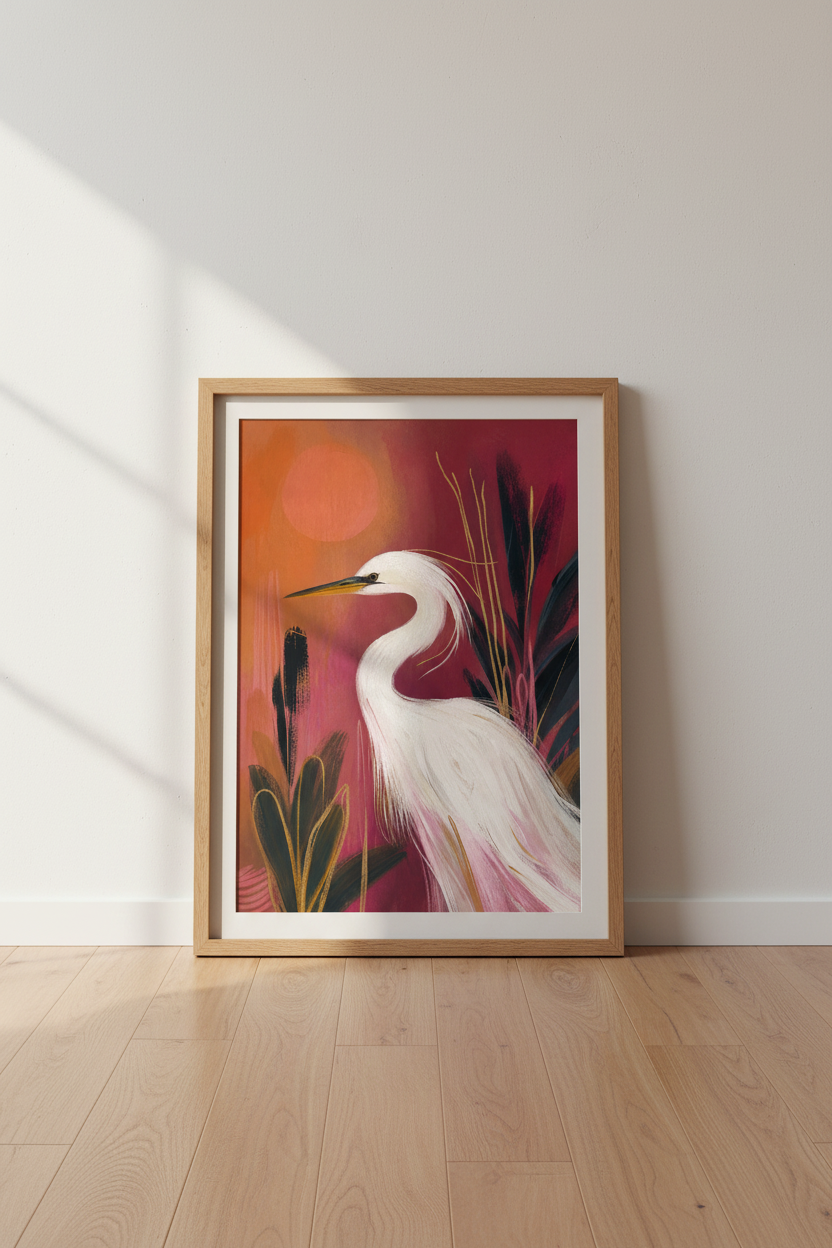 Egret wall art | Whimsical Sunset Palette, Living Room Decor