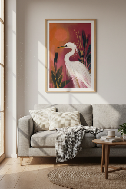 Egret wall art | Whimsical Sunset Palette, Living Room Decor