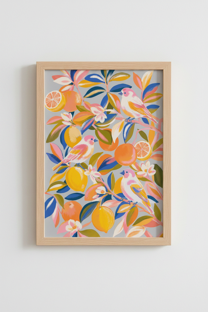 Boho wall art print | vibrant birds &amp; citrus on gray, living room decor