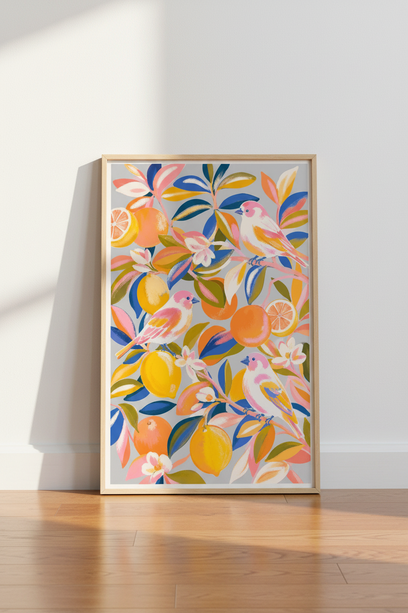 Boho wall art print | vibrant birds &amp; citrus on gray, living room decor