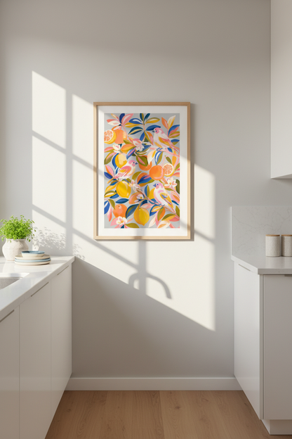 Boho wall art print | vibrant birds &amp; citrus on gray, living room decor
