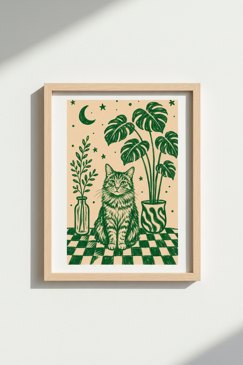 Celestial Cat Art Print | Green Monstera Leaf Decor | Whimsical Boho Poster