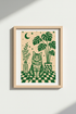 Celestial Cat Art Print | Green Monstera Leaf Decor | Whimsical Boho Poster