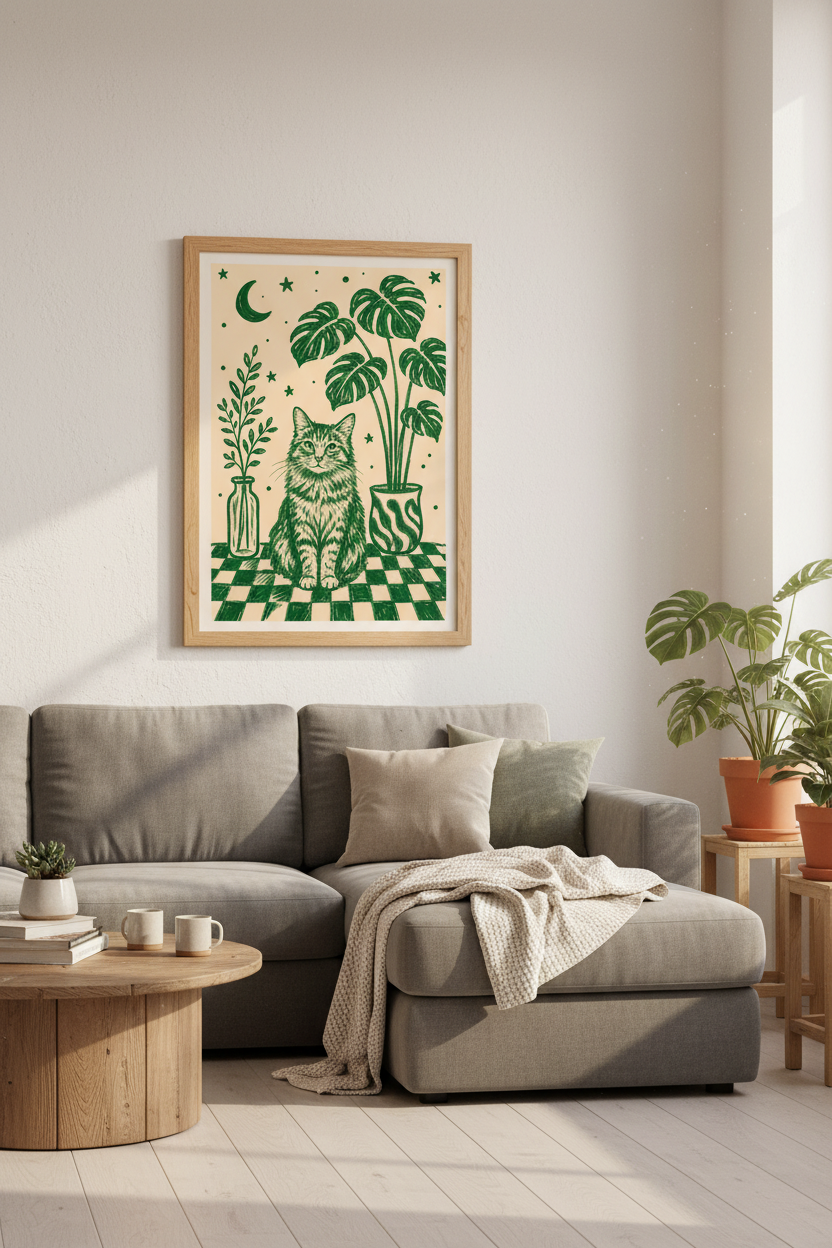 Celestial Cat Art Print | Green Monstera Leaf Decor | Whimsical Boho Poster