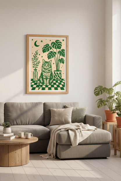 Celestial Cat Art Print | Green Monstera Leaf Decor | Whimsical Boho Poster