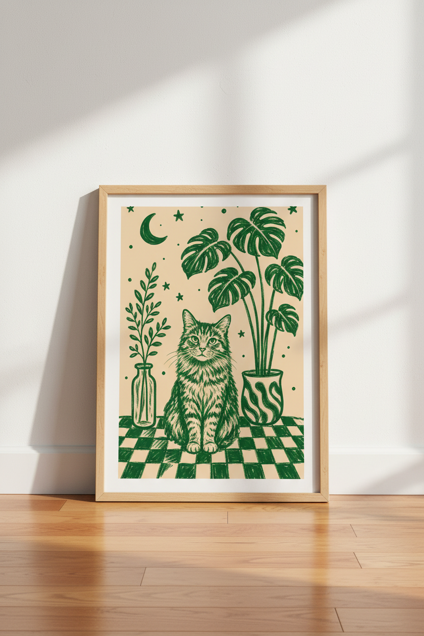 Celestial Cat Art Print | Green Monstera Leaf Decor | Whimsical Boho Poster