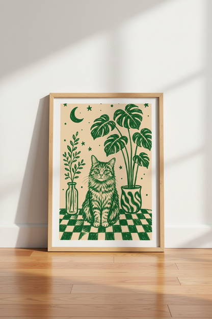 Celestial Cat Art Print | Green Monstera Leaf Decor | Whimsical Boho Poster