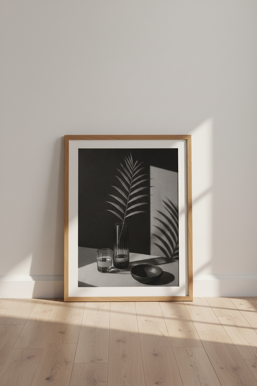 Palm Leaf Still Life Art | Minimalist Black and White, Modern Living Room Decor