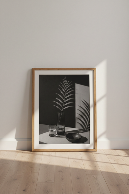 Palm Leaf Still Life Art | Minimalist Black and White, Modern Living Room Decor