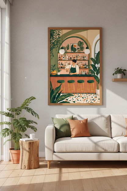 Bartender Cocktail Lounge Wall Art | Green &amp; Peach Mid-Century Modern Poster, Bar Decor