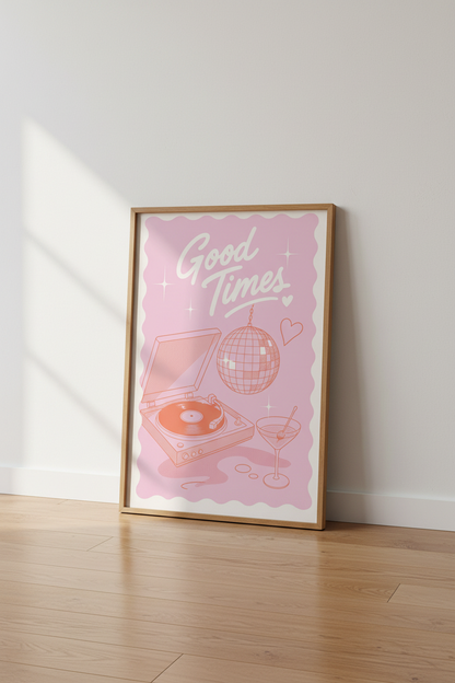 Retro Disco Ball Wall Art | Pink Good Times Poster, Bar Cart Decor