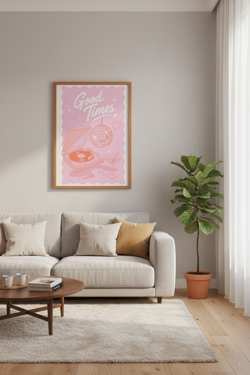 Retro Disco Ball Wall Art | Pink Good Times Poster, Bar Cart Decor