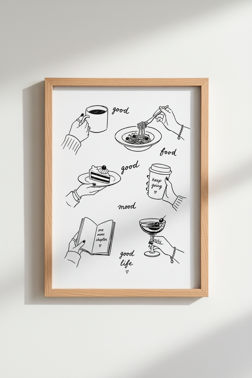 Kitchen Line Art Print | Minimalist Food &amp; Coffee Decor | Modern Aesthetic Poster