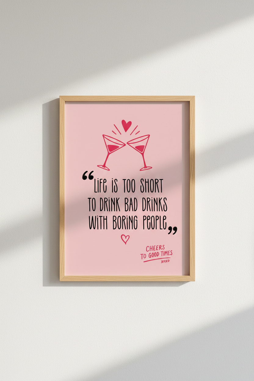 Pink Cocktail Bar Wall Art Print | Trendy Kitchen Decor | Preppy Quote Poster