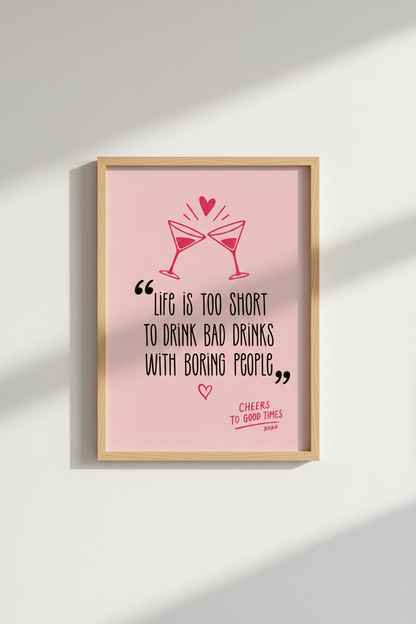 Pink Cocktail Bar Wall Art Print | Trendy Kitchen Decor | Preppy Quote Poster