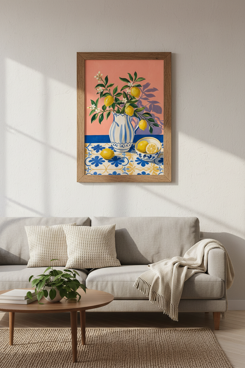 Lemon Still Life | Mediterranean Blue &amp; Pink, Kitchen Dining Wall Art Print