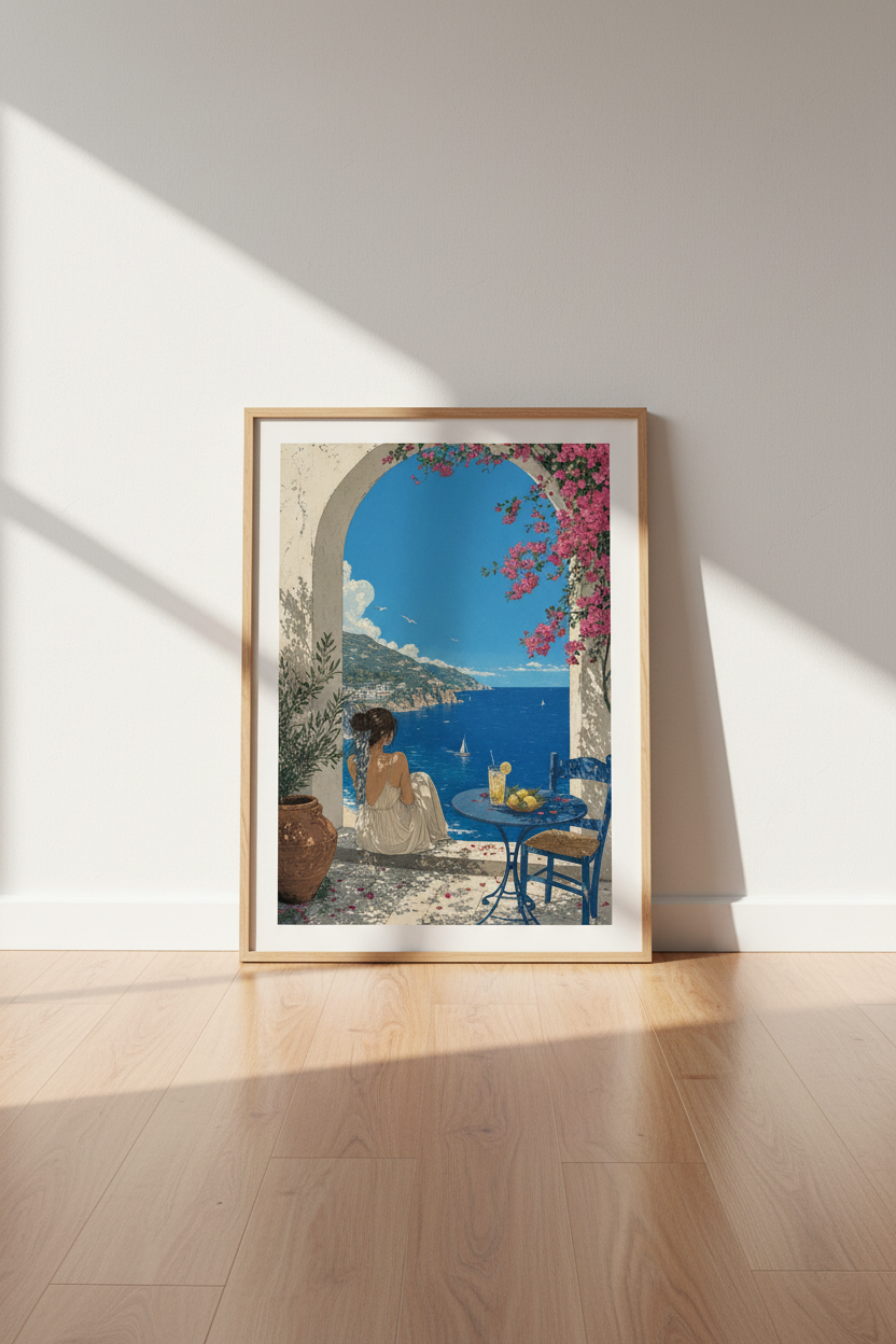 Mediterranean Coast Art | Italian Summer Poster, Amalfi Blue Sea Wall Decor