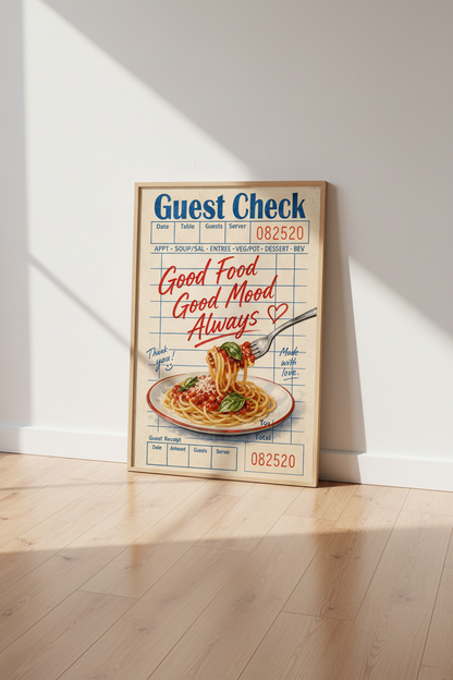 Retro Kitchen Wall Art Print | Italian Guest Check Spaghetti Poster | Dining Room Decor
