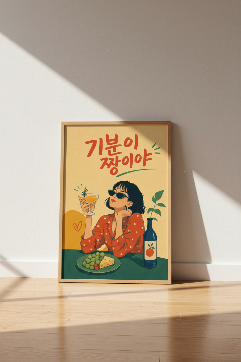 Korean Retro Girl Cocktail Art | Bold Red &amp; Yellow Pop Poster, Kitchen Decor