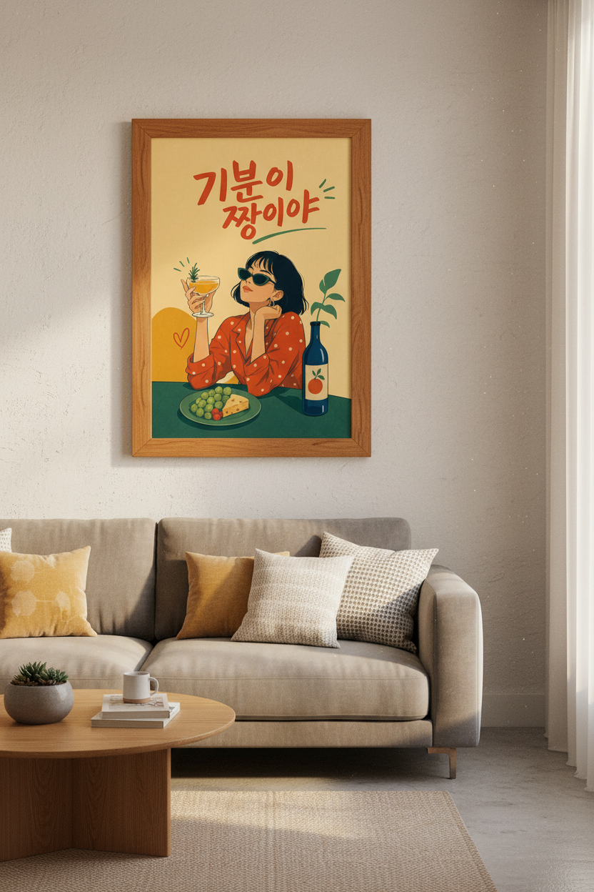 Korean Retro Girl Cocktail Art | Bold Red &amp; Yellow Pop Poster, Kitchen Decor