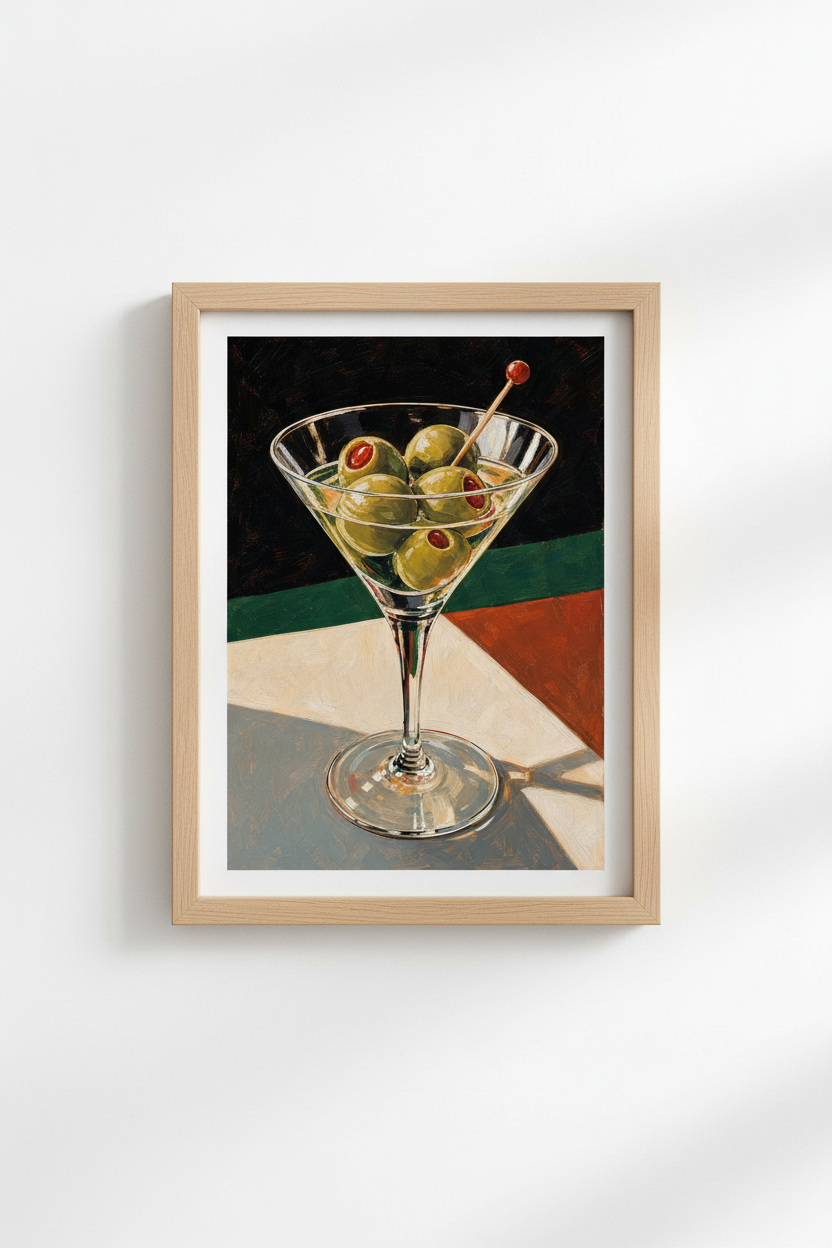 Martini Olive Art Print | Modern Cocktail Poster, Home Bar Decor Oil Painting