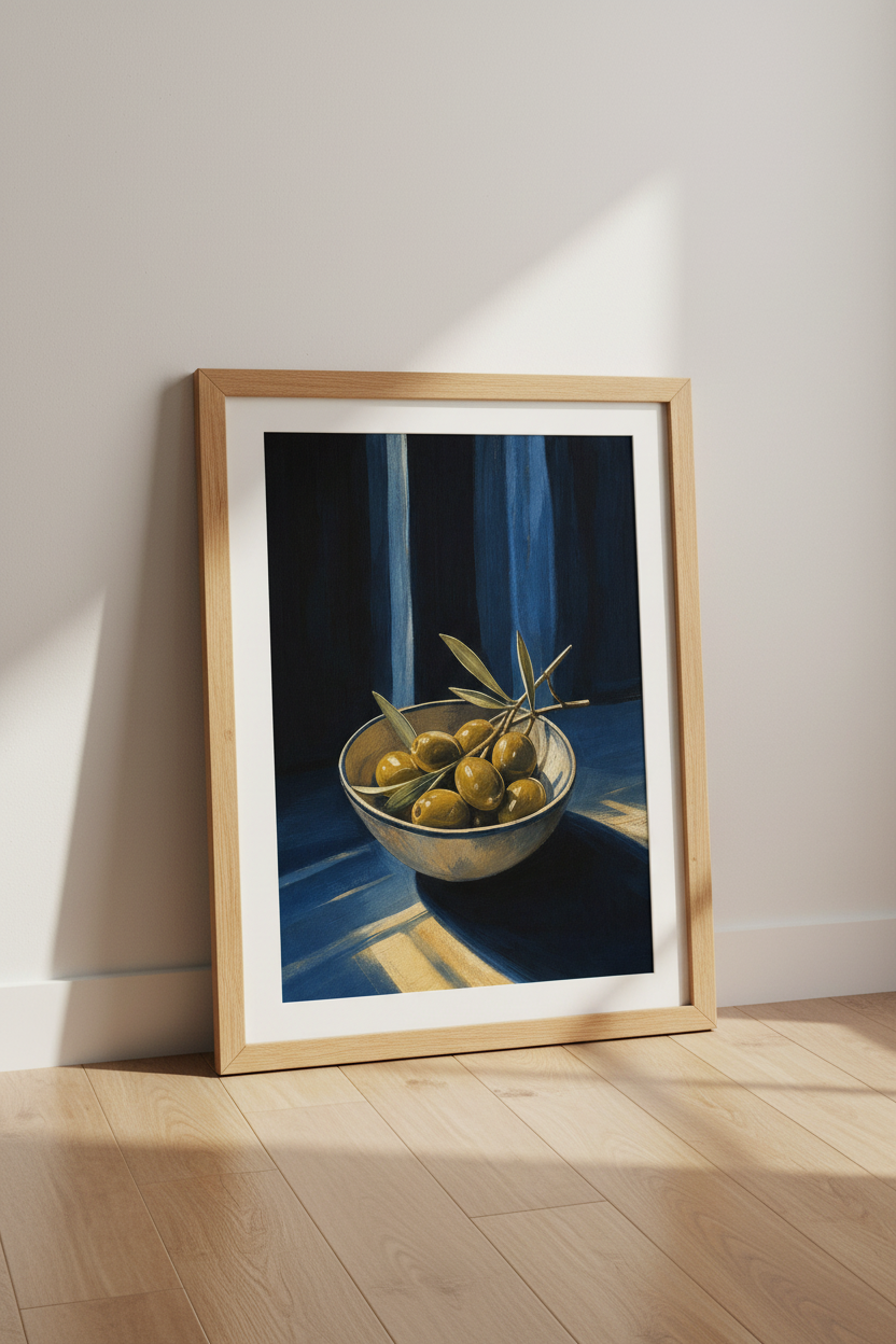 Mediterranean Olive branch Art Print | Moody Blue Still Life, Kitchen Decor Poster