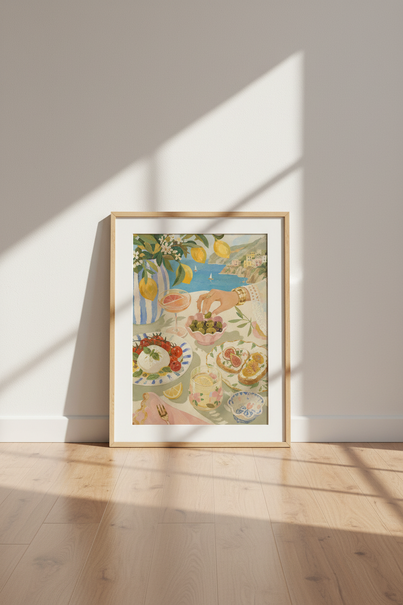 Amalfi Coast Wall Art Print | Italian Seaside Brunch Poster, Mediterranean Kitchen Decor