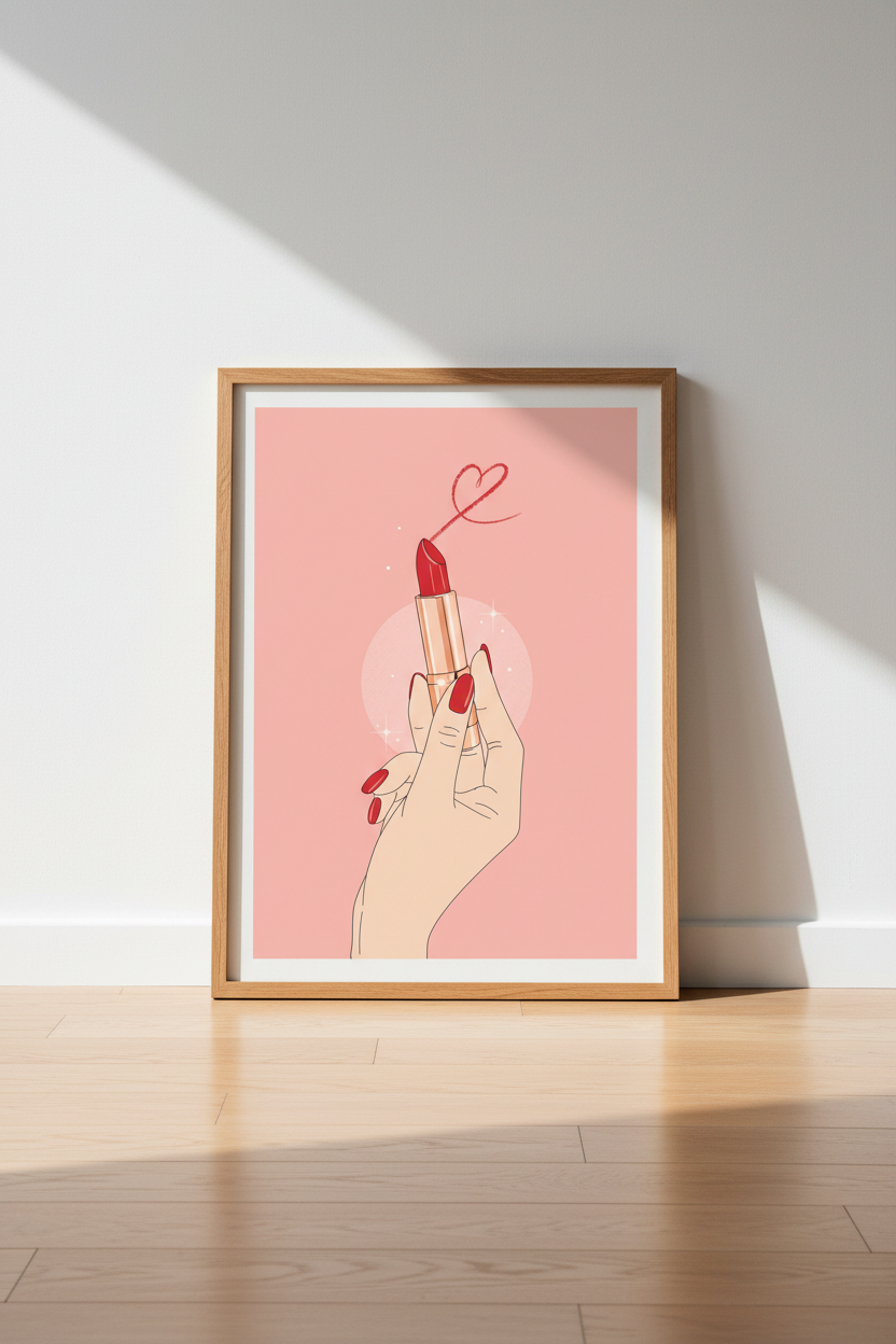 Red Lipstick Heart Wall Art | Glam Modern Makeup Print, Vanity Decor