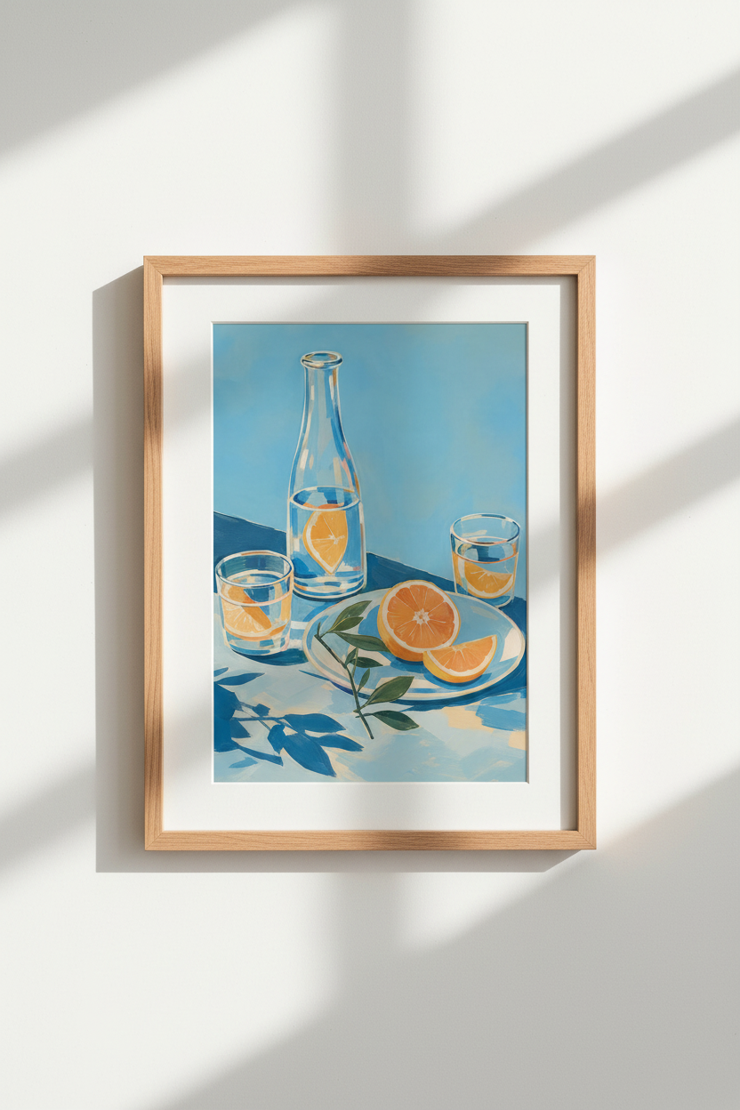 Mediterranean Kitchen Wall Art Print | Citrus Still Life Blue &amp; Orange Interior Decor