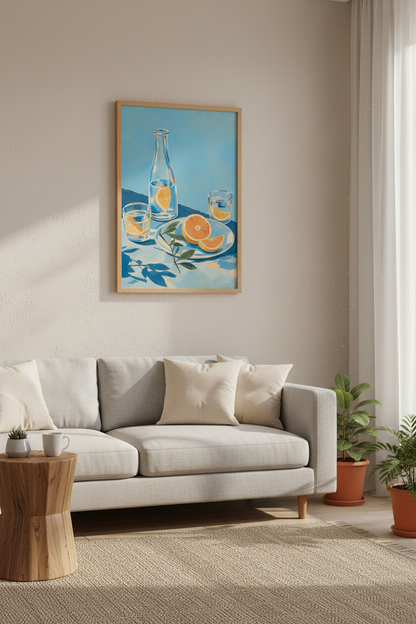 Mediterranean Kitchen Wall Art Print | Citrus Still Life Blue &amp; Orange Interior Decor