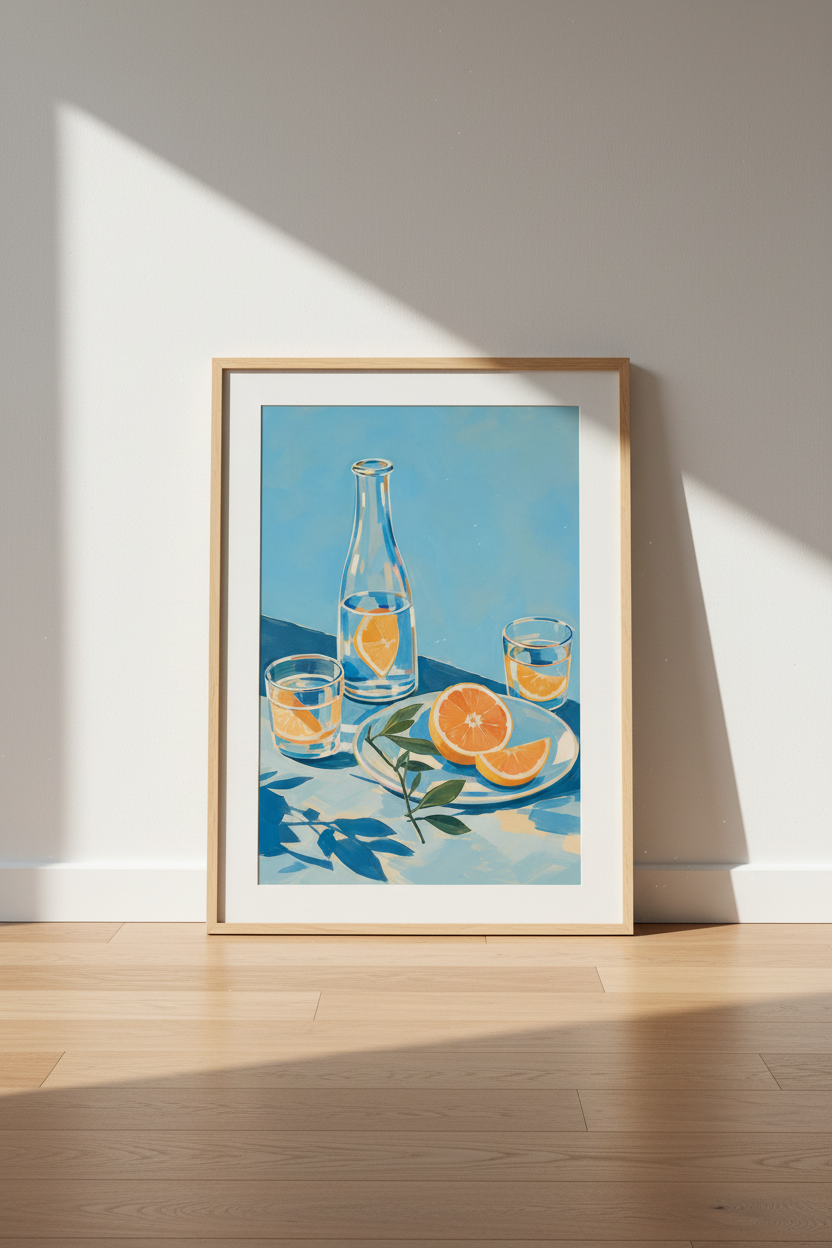 Mediterranean Kitchen Wall Art Print | Citrus Still Life Blue &amp; Orange Interior Decor
