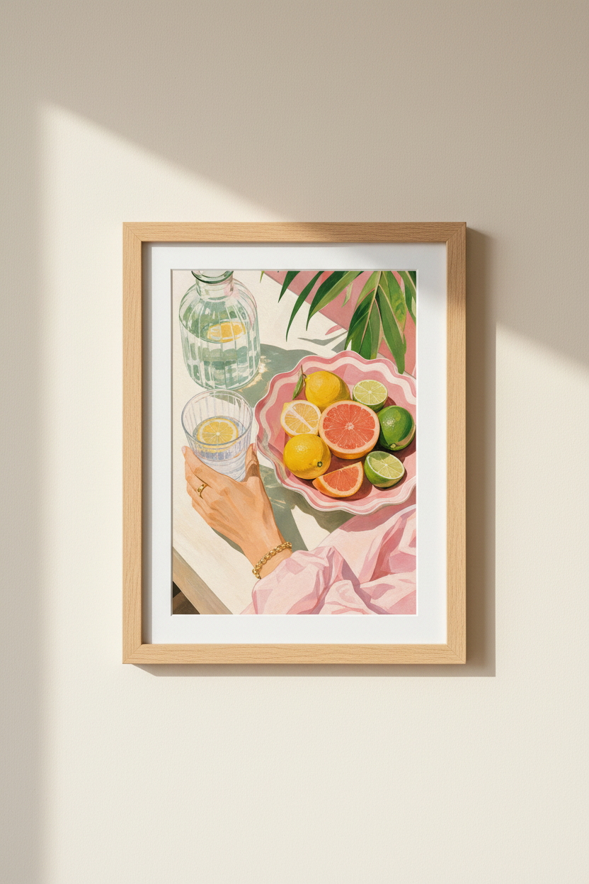 Mediterranean Fruit Wall Art Print | Pink Kitchen Decor | Summer Aesthetic Poster