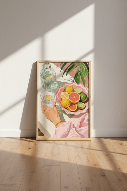 Mediterranean Fruit Wall Art Print | Pink Kitchen Decor | Summer Aesthetic Poster