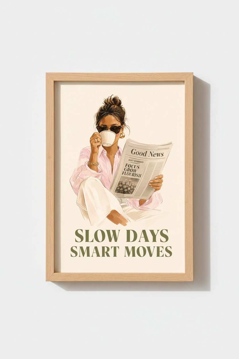 Fashion Illustration Art Print | Chic Coffee &amp; Newspaper Decor | Aesthetic Poster
