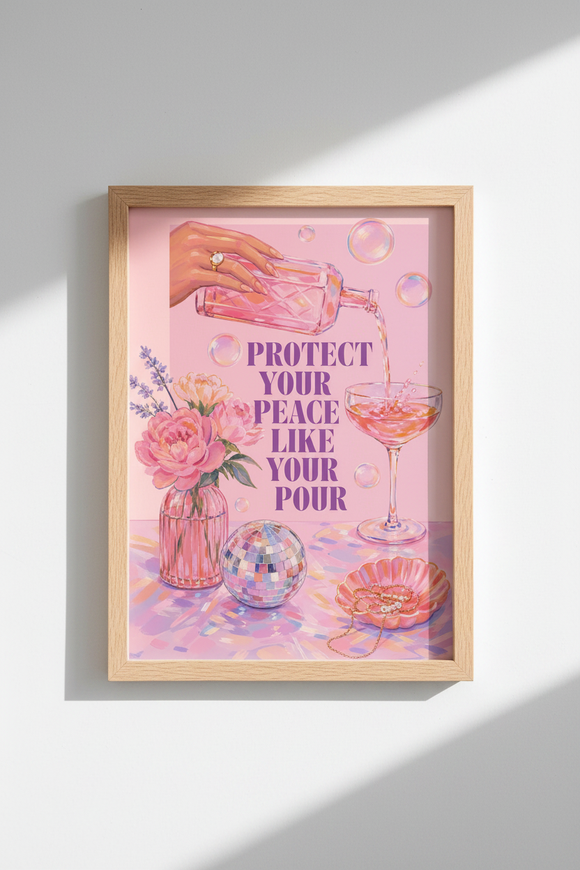Preppy Pink Wall Art Print | Disco Ball &amp; Cocktail Poster | Trendy Dorm Decor