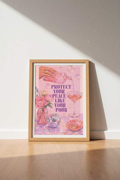 Preppy Pink Wall Art Print | Disco Ball &amp; Cocktail Poster | Trendy Dorm Decor