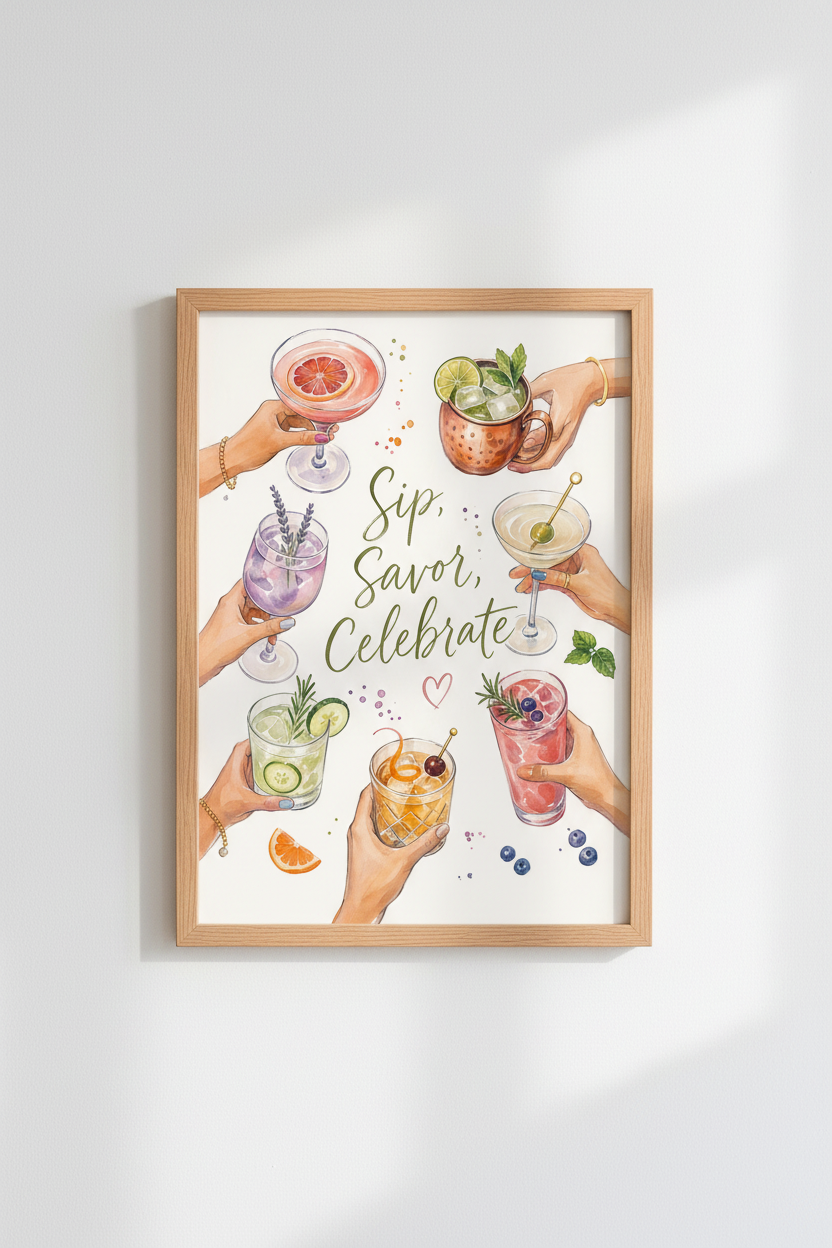 Watercolor Cocktail Wall Art Print | Bar Cart Decor | Modern Kitchen Poster