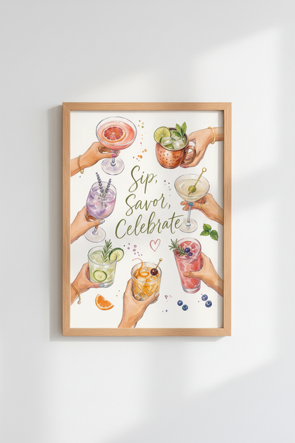 Watercolor Cocktail Wall Art Print | Bar Cart Decor | Modern Kitchen Poster