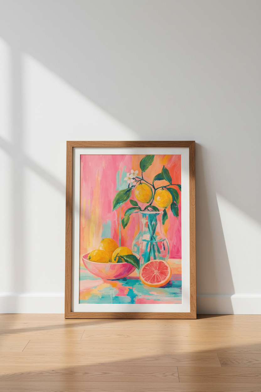 Lemon &amp; Grapefruit Still Life | Vibrant Pink Fruit Art, Kitchen &amp; Dining Room Decor