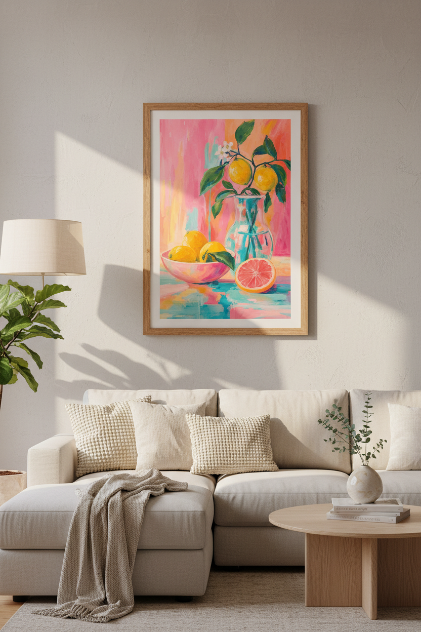 Lemon &amp; Grapefruit Still Life | Vibrant Pink Fruit Art, Kitchen &amp; Dining Room Decor