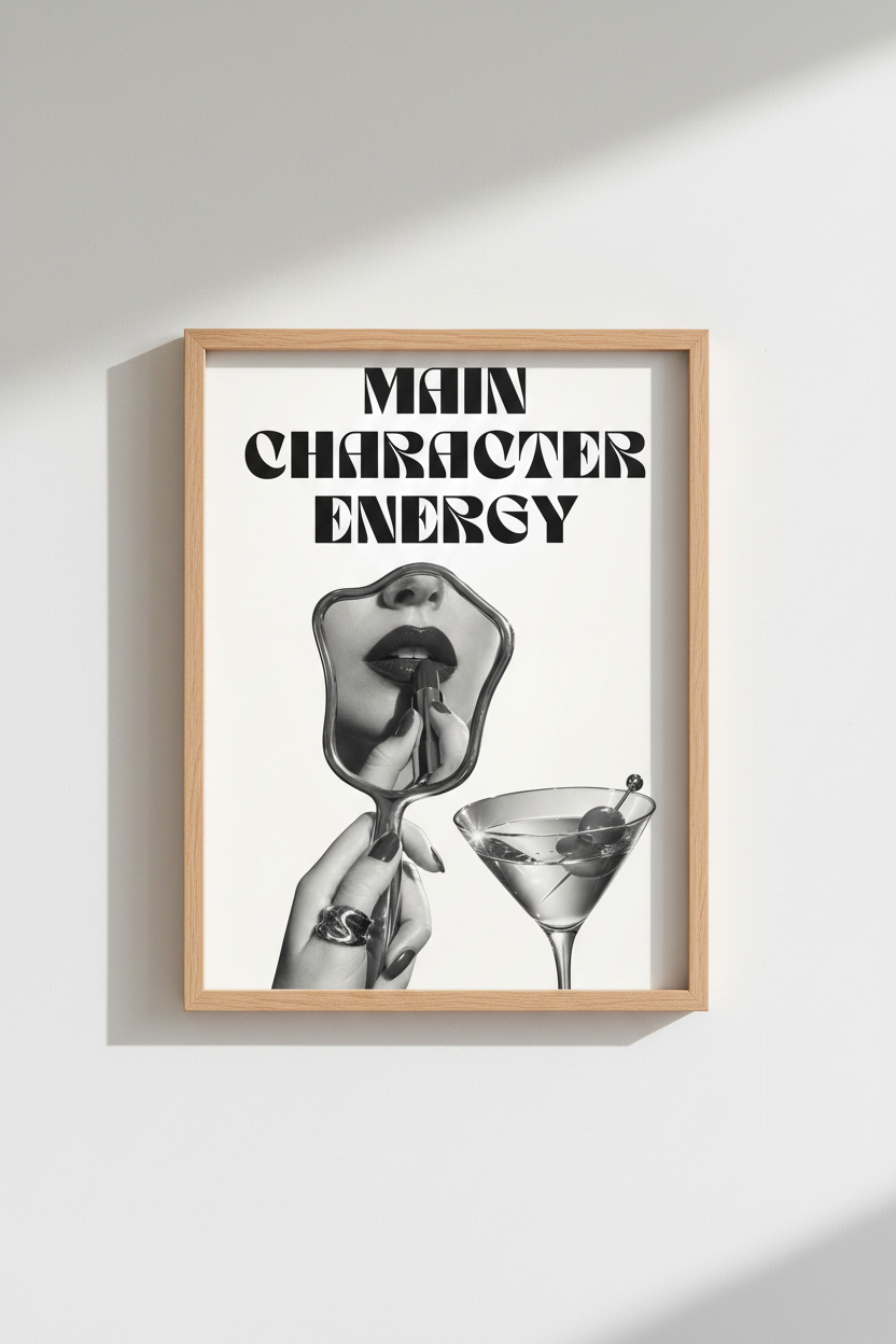 Main Character Energy Print | Trendy Black and White Martini Art, Chic Bedroom Decor