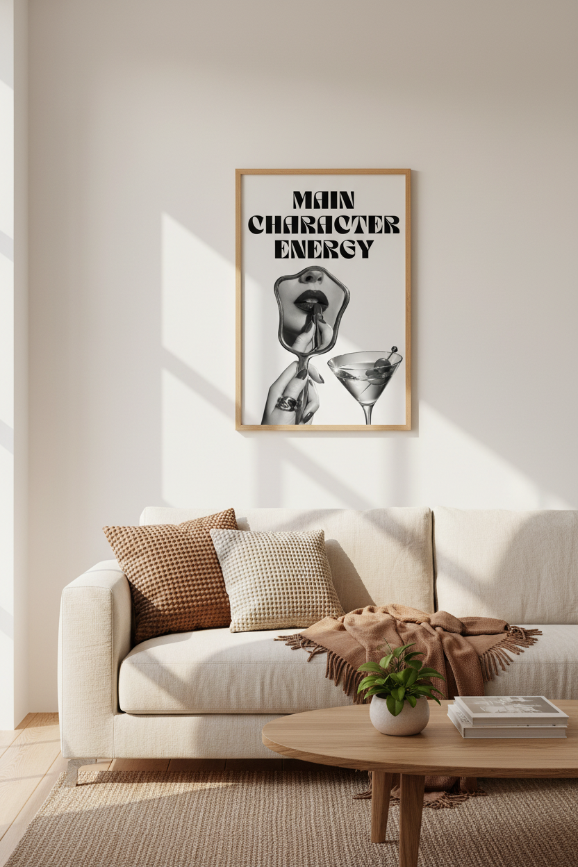 Main Character Energy Print | Trendy Black and White Martini Art, Chic Bedroom Decor