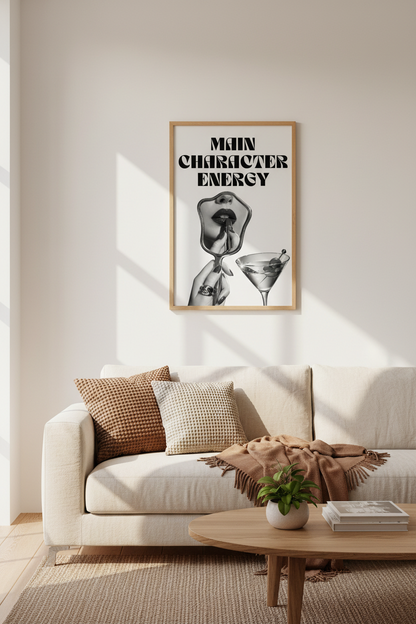 Main Character Energy Print | Trendy Black and White Martini Art, Chic Bedroom Decor