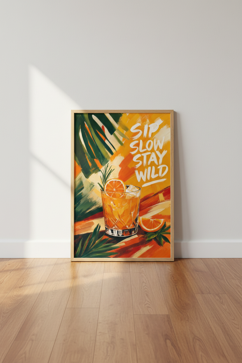 Cocktail Art Print | Sip Slow Stay Wild Poster, Tropical Kitchen Bar Decor