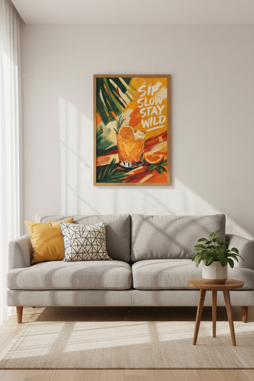 Cocktail Art Print | Sip Slow Stay Wild Poster, Tropical Kitchen Bar Decor