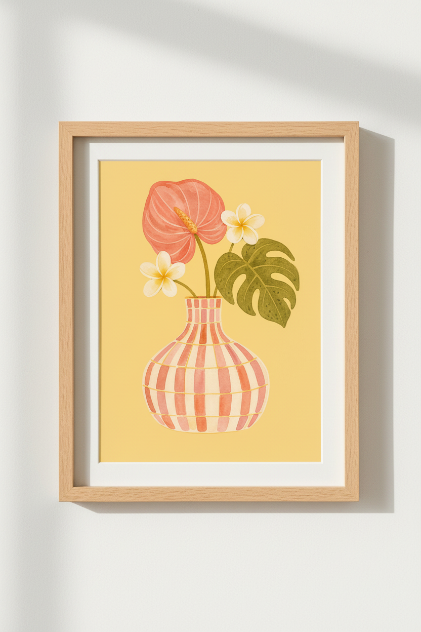 Tropical Botanical Art Print | Watercolor Floral Vase Poster, Boho Wall Decor