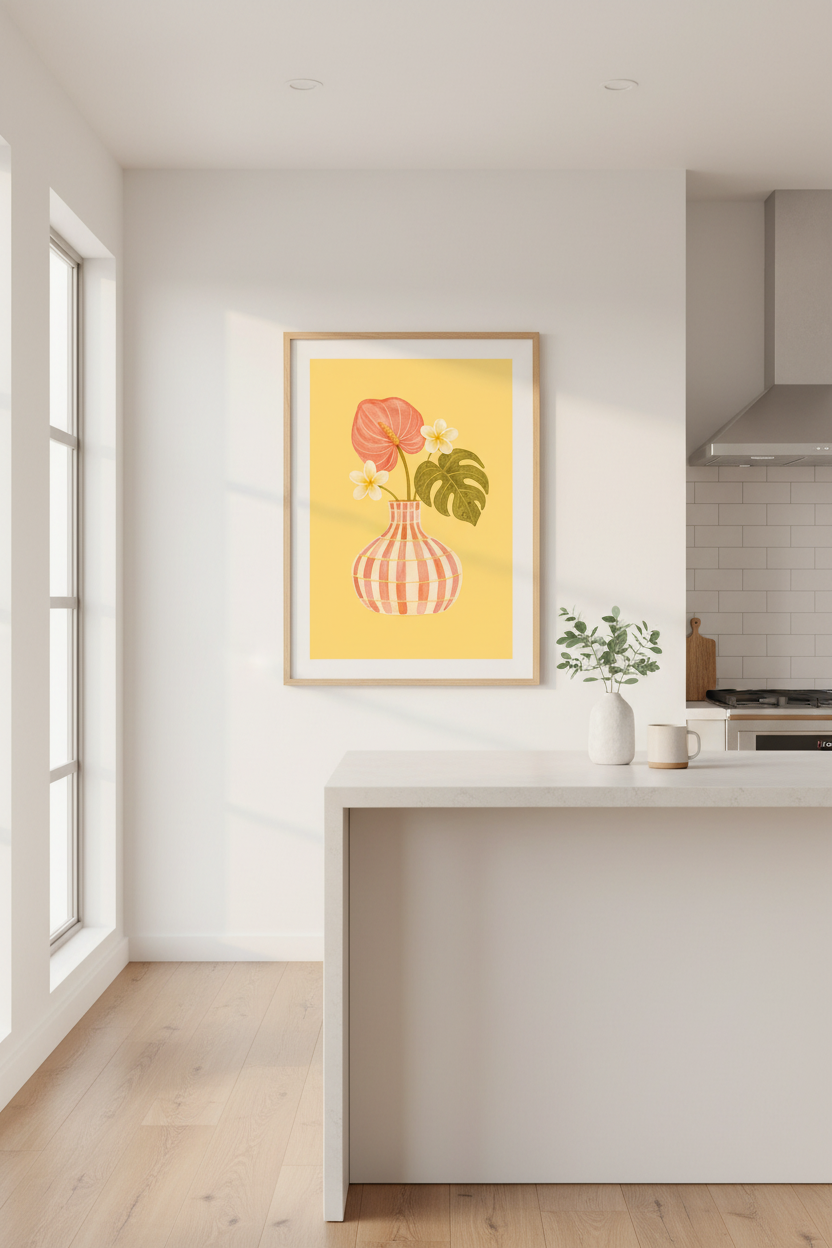 Tropical Botanical Art Print | Watercolor Floral Vase Poster, Boho Wall Decor