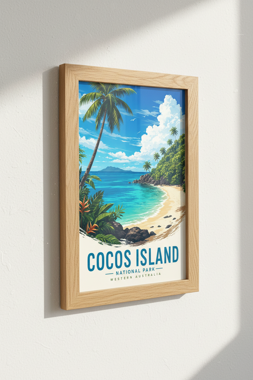 Cocos Island Australia Travel Poster | Tropical Beach Wall Art, Coastal Home Decor